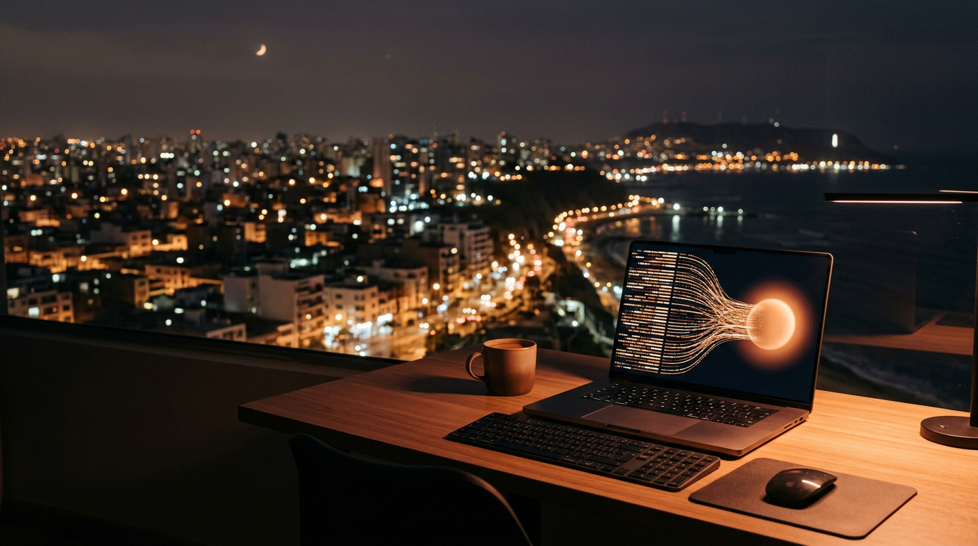 Escritorio de noche frente a Lima, con una laptop que muestra posts fluyendo hacia un nodo de IA
